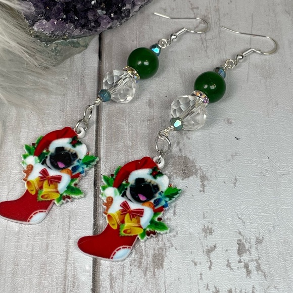 French Bulldog Acrylic Christmas Dangle Earrings Hand Crafted And Double Sided - Picture 6 of 12